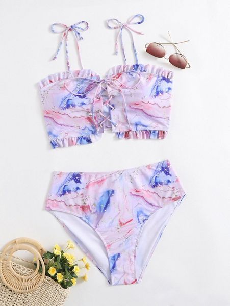 

plus marble print lace-up frill trim bikini swimsuit w47o#, Black