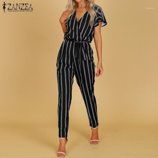 

zanzea 2018 striped jumpsuit women hight waist casual trousers ladies v neck belted bodysuit workwear overall plus size 5xl1, Black;white
