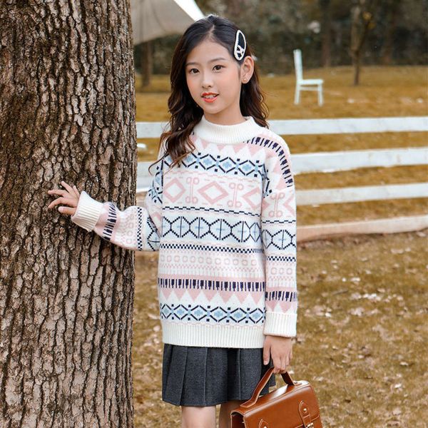 

children's clothing 2020 new foreign sle winter girls' diamond check pattern color matching round neck pullover sweater, Blue
