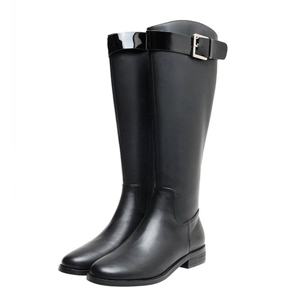 

new designer genuine leather long boots woman motorcycle booties belt strap metal buckle low-heeled knee high boots, Black