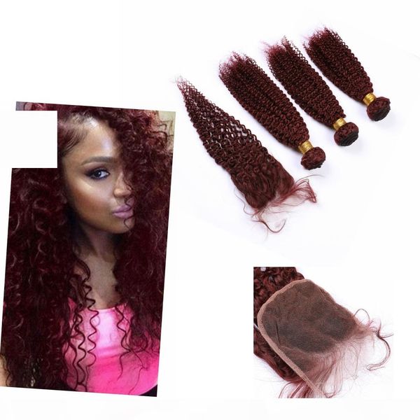 

indian #99j color sew in bundles with closure 4" * 4" kinky curly weave bundle with closure human hair, Black;brown