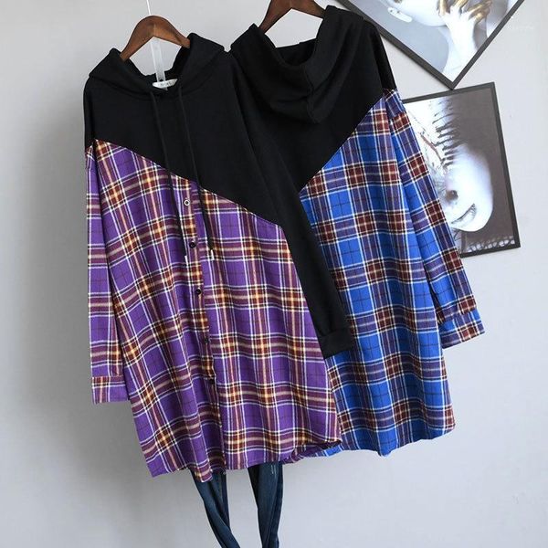 

2020autumn new korean simple purple plaid lazy wind loose oversize hooded women casual mid-length, Black