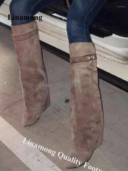 

boots linamong brand design pointed toe suede leather knee high wedge straps buckle inside heels height increased1, Black