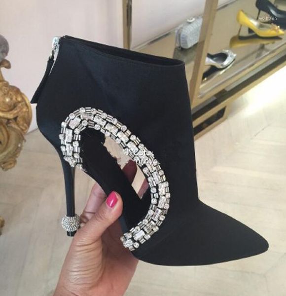 

abesire lady cut-outs stiletto high heels dress party shoes woman pointed toe crystal ankle boots girl mixed color sandals boots1, Black