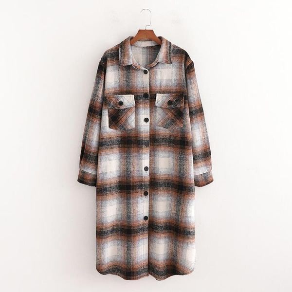 

women's wool & blends 2021 autumn winter women tweed coat plaid button pockets long sleeves turn-down collar female fashion casual clot, Black