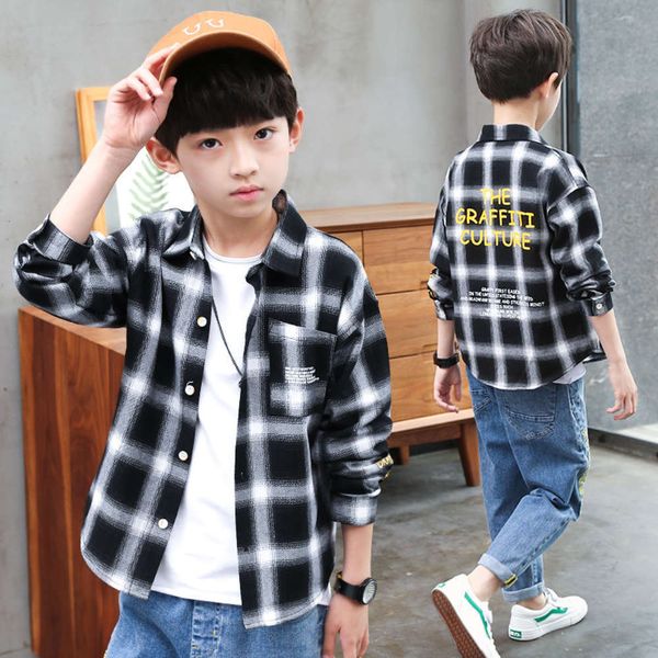 

spring and autumn boys' foreign sle men's long sve children's plaid shirt, White;black