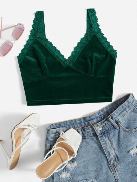 

lace trim crop velvet cami l1u2#, White