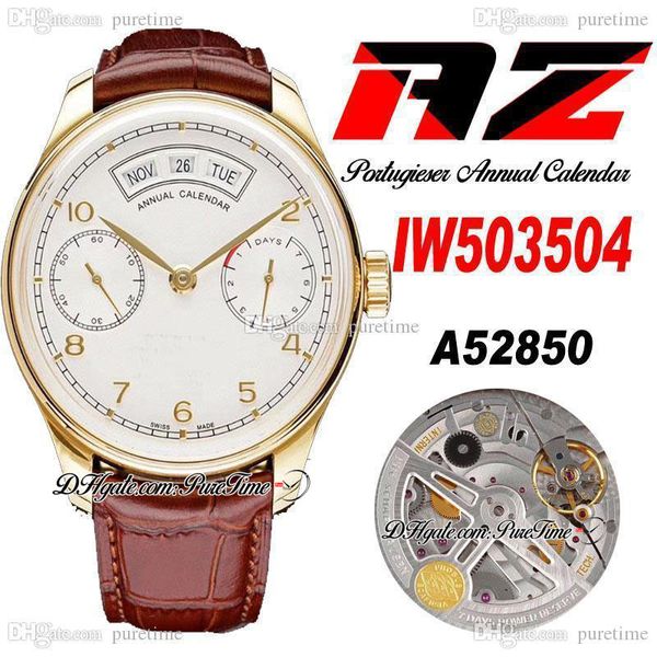 

azf iw50350 annual calendar power reserve a52850 automatic mens watch 18k yellow gold white dial number markers brown leather strap super ed, Slivery;brown