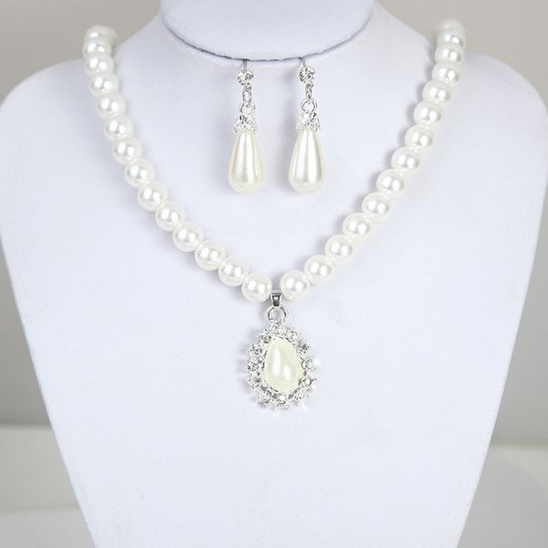 

fashion elegant pearl crystal drop earrings chain necklace wedding party jewelry set, Silver
