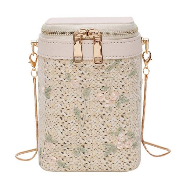 

straw bag lace embroidered bucket bag women shoulder chain pouch