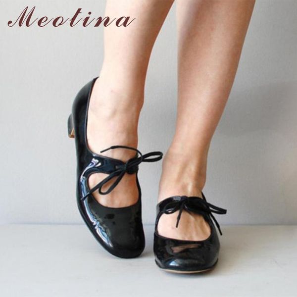 

meotina high heels women pumps patent leather thick heels mary janes shoes lace up round toe shoes ladies spring big size 35-43, Black