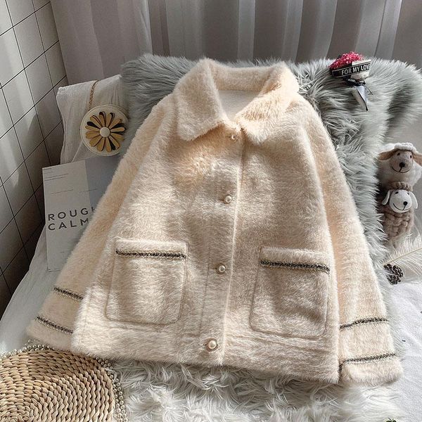 

faux fur women coats winter new turn-down collar pocket long-sleeved loose thicken warm solid elegant office lady outwear jacket, Black