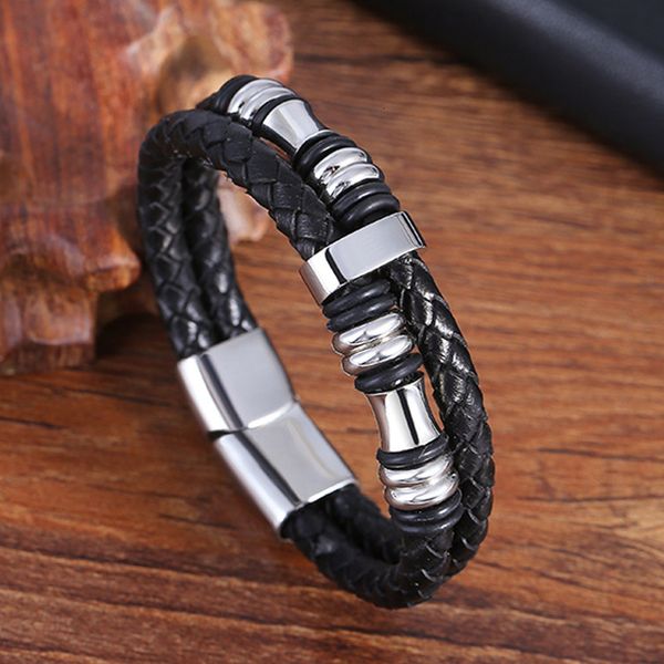 

rope cowhide men's double stainless steel braided with multi-layer leather bracelet l19149, Silver