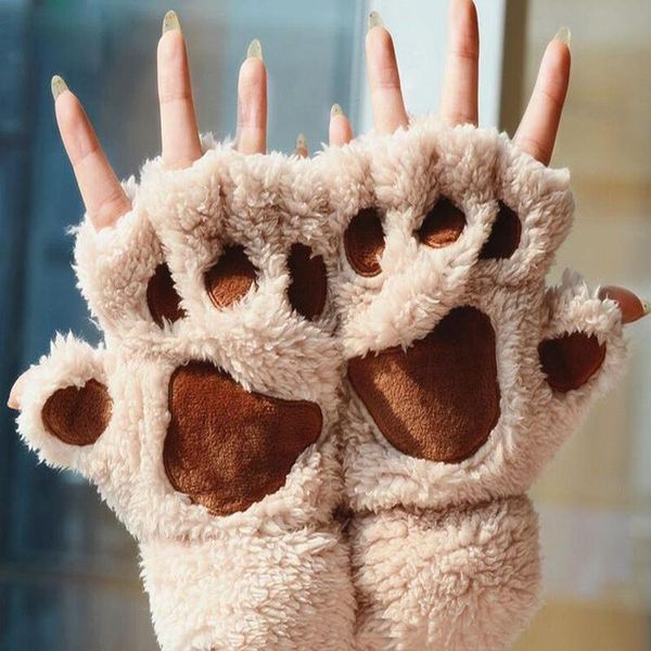 

1 pair winter warm plush gloves fluffy bearr claw / cat animal soft warm lovely cute women half finger covered gloves, Blue;gray