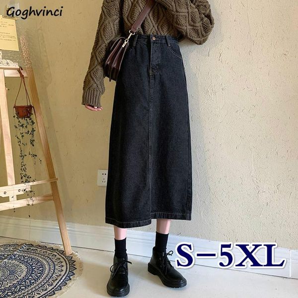 

skirts women denim summer back slit vintage large size 5xl mid calf chic streetwear all-match fashion retro stylish teens womens, Black
