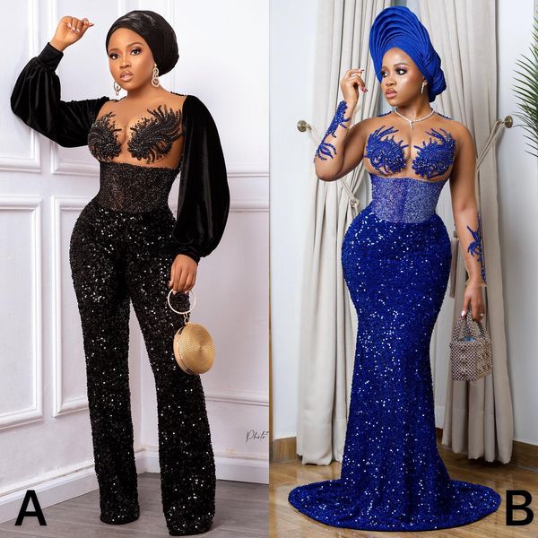 Tuta da sera scintillante nera blu reale Abiti manica lunga Plus Size Paillettes in pizzo africano Aso Ebi Prom Pant Suit koftan doubai robes de soir￩e