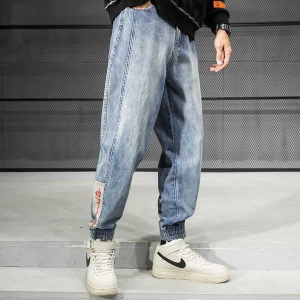 

korean fashion men jeans retro blue stripe spliced designer harem jeans slack bottom cargo pants streetwear hip hop joggers men