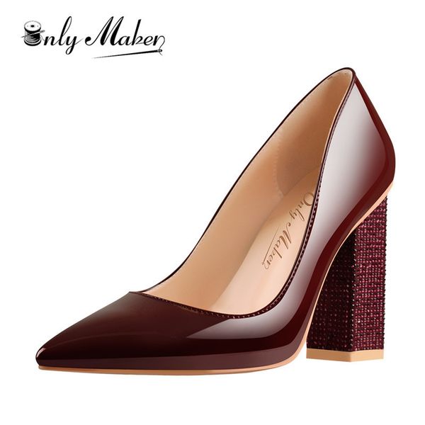 

onlymaker женщины rhinestone площадь патентного каблука кожа скольжение на остроконечной toe winepumps коренастого простого элегантного боль, Black