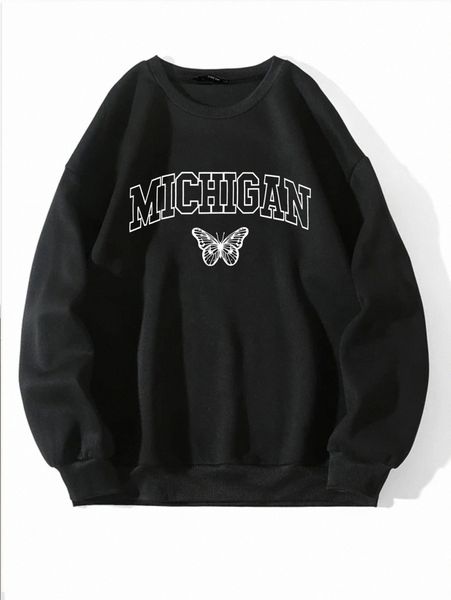 

letter & butterfly print drop shoulder sweatshirt 27ic#, White;black