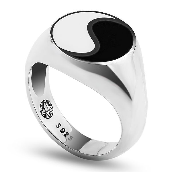 luxo- Vintage 925 Sterling Silver Tai Chi Yin Yang Anel Branco esmalte preto Personalidade Balance Anel asiático em um dedo para mulheres dos homens