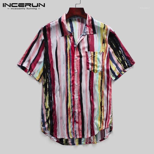 

incerun fashion short sleeve striped men shirt lapel button casual hawaiian shirts men chic camisa masculina streetwear s-5xl1, White;black
