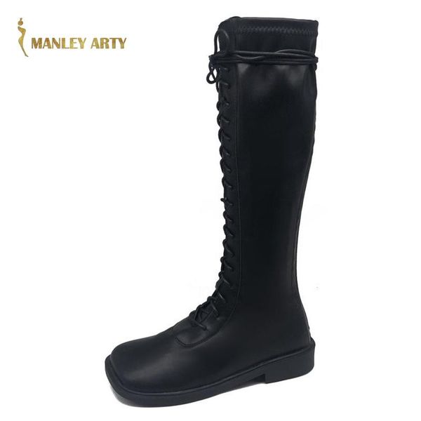 

new winter women's long tube boots 2020 front lace flat-bottomed non-slip fashion square toe undefined knee high high boots, Black