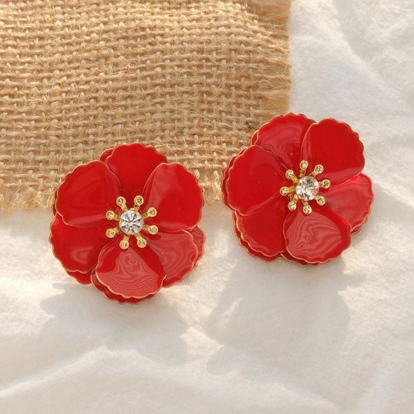 

stud fashion all-match alloy red flower earrings temperament simple crystal petal jewelry ladies, Golden;silver