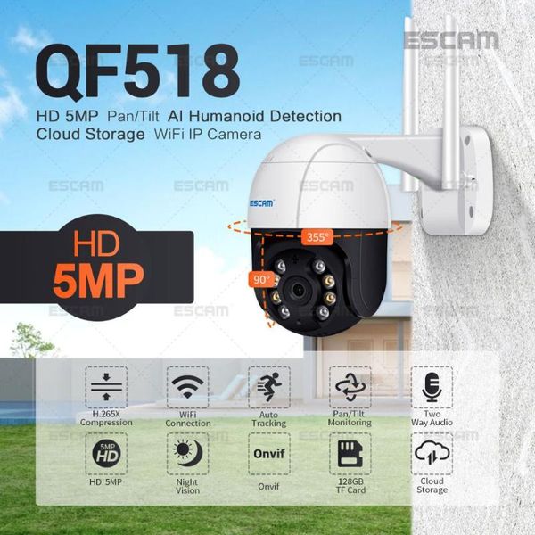 

cameras escam qf518 5mp 1944p ai humanoid auto tracking wireless ptz camera 3d noise reduction onvif home security ip