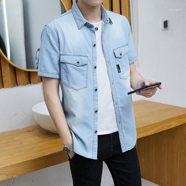 

2020 summer fashion blue jeans shirt men short sleeve cotton solid casual shirts male denim shirt slim fit1, White;black