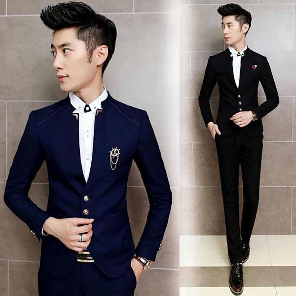 

jacket+pant 2021korean mens temperament slim fit terno masculino wedding groom dress suits men casual 2-piece suit1, White;black