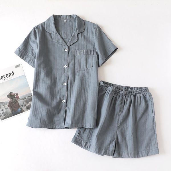 

couple pajamas cotton summer short-sleeve 2 pcs grey pajamas set women button cardigan sleepwear homewear1, Black;red