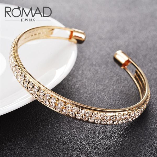 

charm bracelets romad 2 rows opening women crystal rhinestone bangle wristband cuff open wedding party charms jewelry r4, Golden;silver