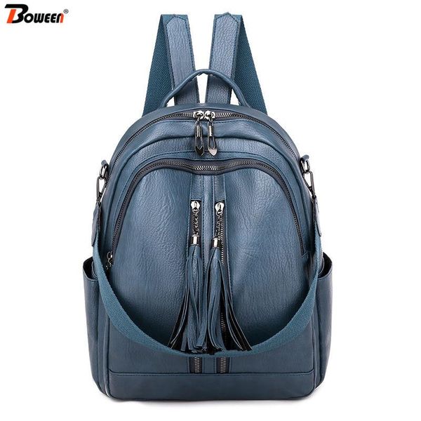 

soft pu leather backpack women back pack girls blue small tassel double zipper backbag female bagpack for teenage 2020 new bbyocb alice_bag
