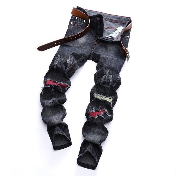 

mens jeans patchwork hole ripped denim distressed black straight fashion bleached male retro pleated casual style, Blue
