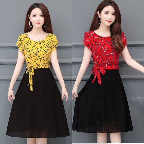 

or6po летний новый корейский стиль полосатые шить печатное платье женщин свободный короткий рукав средней длины а алине skirt алине skirtlin, Black;gray