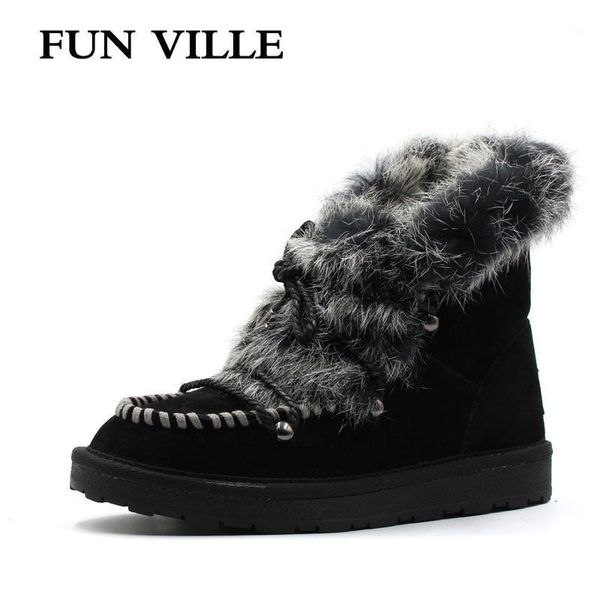 

boots fun ville fashion woman snow black gray brown real fur wool ankle warm winter shoes for women size 34-421