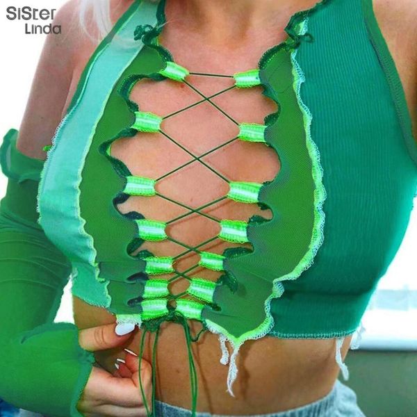 

sisterlinda holes cut tassel crop women with gloves fashion patchwork mesh fabric tees gothic activity slim tank outfit, White