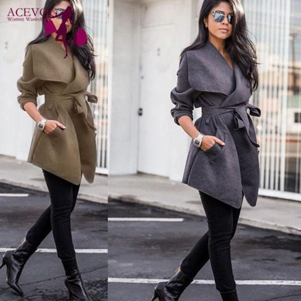 

women's wool & blends women casual turn-down collar long sleeve khaki, dark gray, black, blue solid belt winter coat1