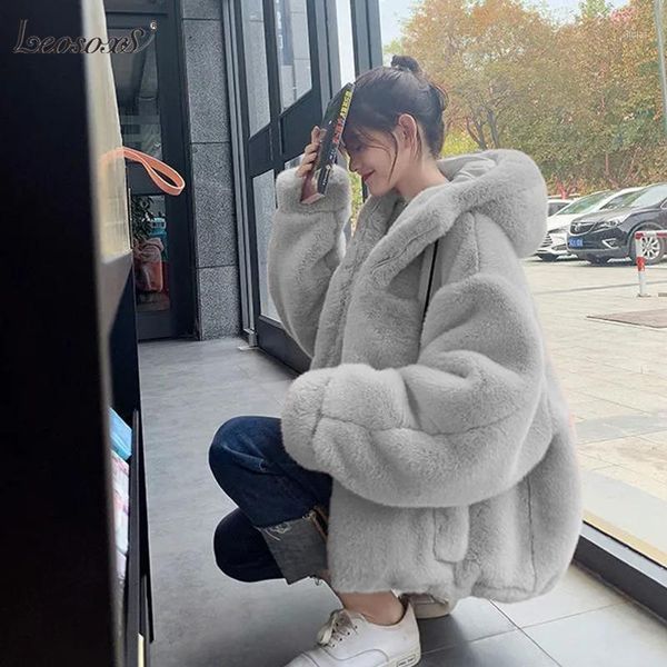 

2021 faux fur women coat with hood fashion zipper plush thick slim pink faux fur jacket fake coats chaqueta mujer1, Black