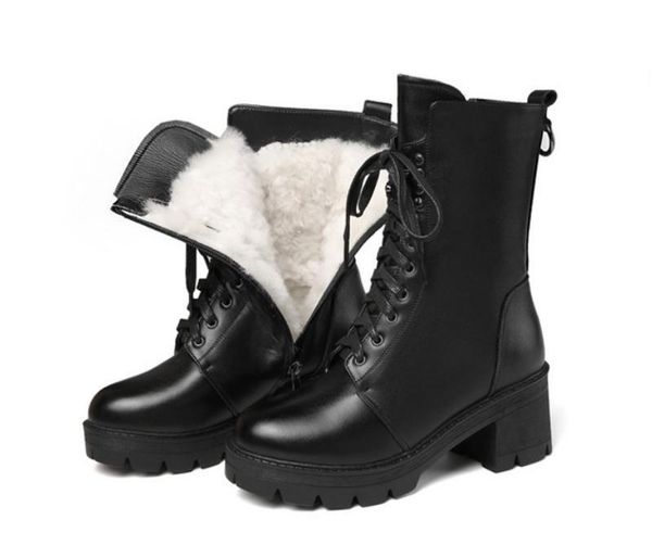 

women's winter fashion warm snow boots real wool leather boots women round toe laces zipper high heel mid motorcycle, Black