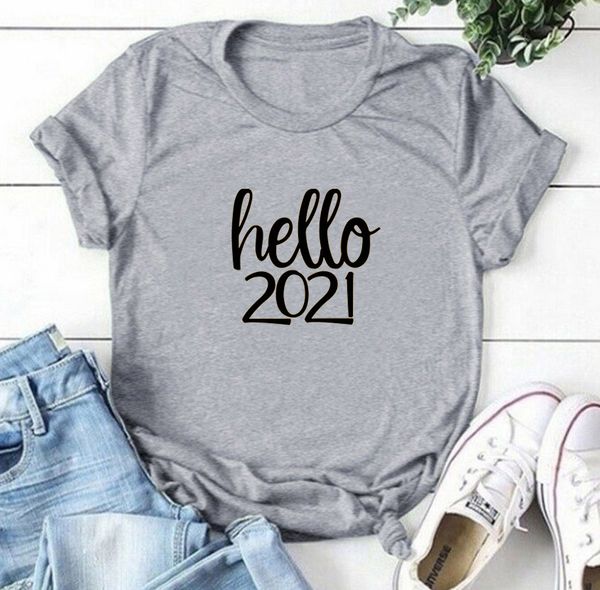 

hello 2021 new tshirt women short sleeve crew neck summer tees ladies loose casual clothes, White