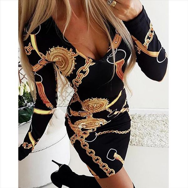 

2021 new elegant ladies dress fashion dress chain print long sleeved tight women short drop shipping, Black;gray