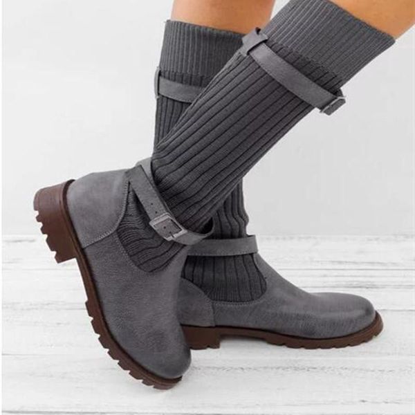 

женщины mid calf boots пряжка платформа носок flats женская осень мода обувь женщина женщина на низкий каблук большого размере 43 ladies обу, Black