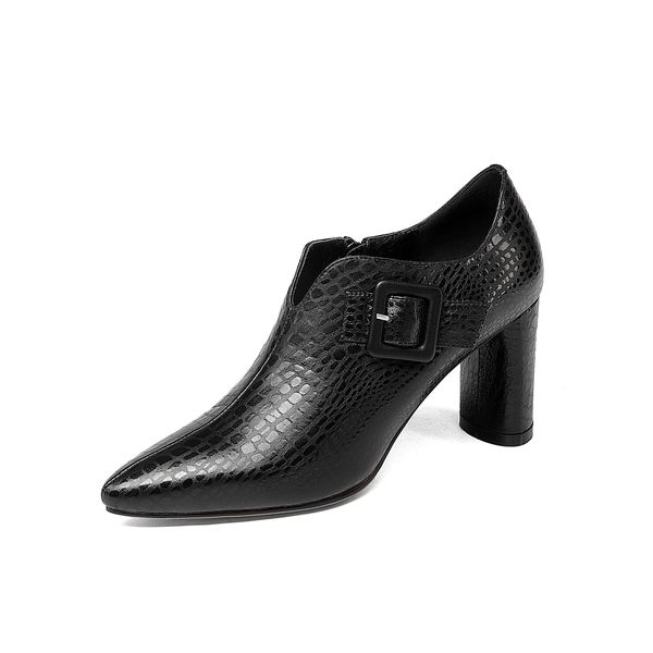 

women natural 2021 pumps cow patent metal buckles round snake woman heels 4fat, Black