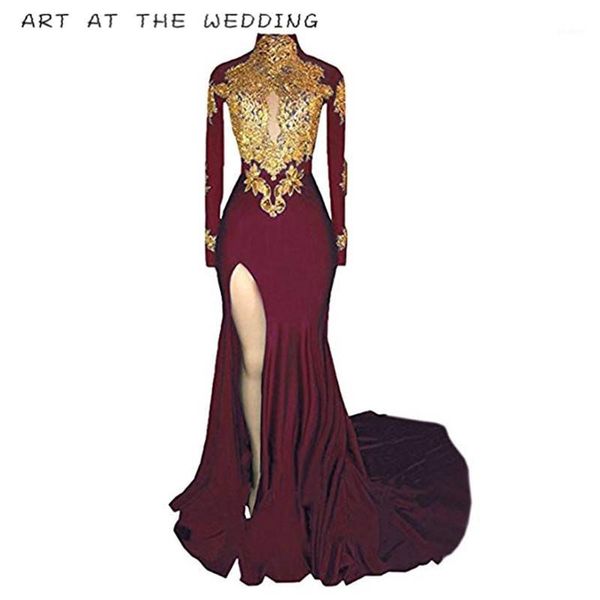 

women's mermaid high neck dance party dress 2019 gold applique long sleeve evening dresses ball gown1, White;black