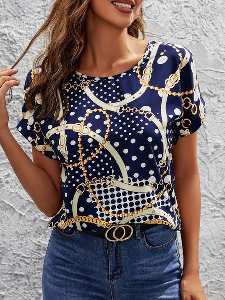 

polka dot & chain print blouse t4p9#, White
