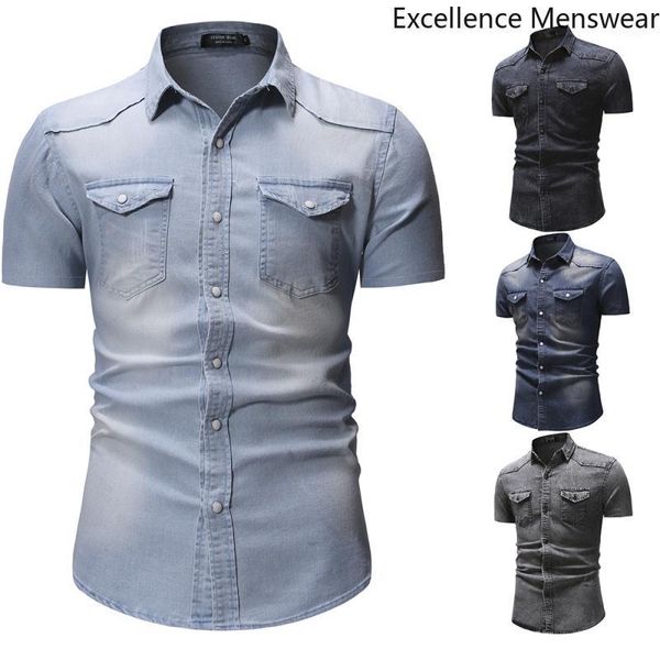 

summer blue men denim shirts short sleeves vintage shirts men short sleeve casual slimfit two pockets camisa hombre ll1, White;black