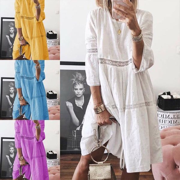 

plus size 5xl hollow out solid dress women casual white party dresses ladies 2021 summer autumn oversize half sleeve vestidos, Black;gray