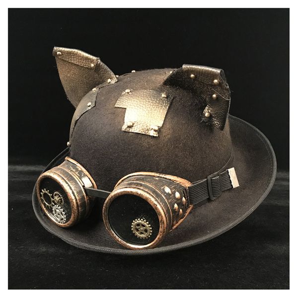 

retro lolita women men steampunk bowler hat patch gear glasses er hats fedora headwear cosplay billycock groom hat t200323, Blue;gray