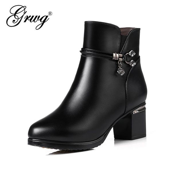 

grwg women's winter shoe boots 2021 new genuine leather ladies short boots wool warm non-slip women's ankle, Black